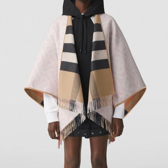 BURBERRY check TB logo fringe reversible poncho cape wrap - Picture 6 of 6